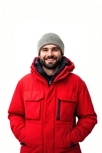 Happy man in red winter clothes clothing jacket sweatshirt.