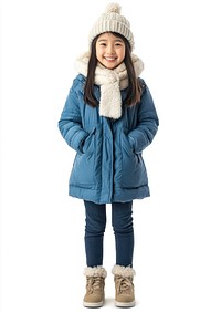 Happy Asian girl in winter clothes clothing scarf coat.