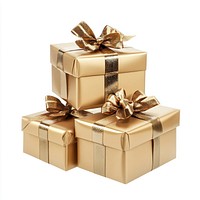 Pile of elegant gold gift boxes ribbon stack celebration.