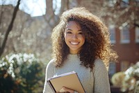 Young woman smile hair notebook.