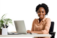 Using a laptop computer woman office plant.