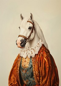 White horse wears Renaissance fashion animal painting human.