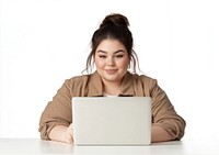 Woman working on white laptop person casual young.