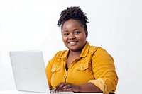 Young IT chubby African woman laptop portrait sitting.