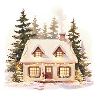 A cozy Christmas house nestled in the forest christmas trees illustration.