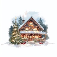 A cozy Christmas wooden house in the forest christmas tree illustration.