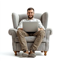 Man cheering sitting laptop chair.