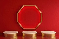 Abstract red background with three hexagonal ipedestals display frame gold.