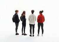 Group of young people talking standing backpacks person.