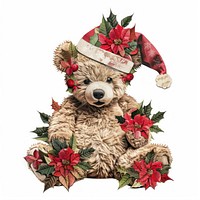 Poinsettia Flower Collage teddy wearing santa hat illustration poinsettia christmas.