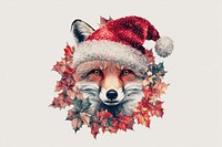 Poinsettia Flower Collage fox wearing Santa hat illustration christmas animal.