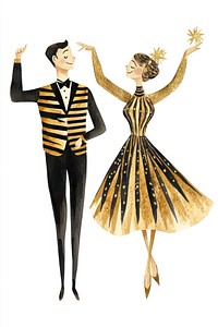 Couple wearing Black and Gold Striped Tuxedo and Dress dancing illustration festive.