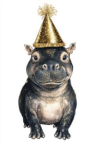 Happy Baby hippo wearing a Gold Party Hat hat illustration watercolor.