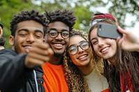 Group of diverse young adults selfie happy together.