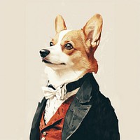 Corgi costumes wearing victorian fashion outfit animal portrait human.