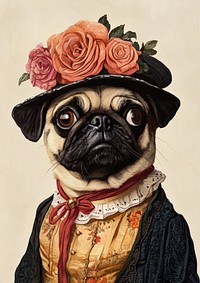 Pug costumes wearing victorian fashion outfit painting animal human.