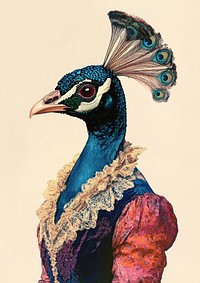 Peacock costumes wearing victorian fashion outfit animal illustration artistic.