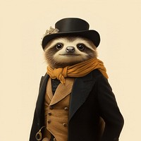 Sloth costumes wearing victorian fashion outfit animal clothing portrait.