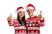 Couple wearing christmas sweater sweaters thumbs happy.