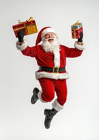 Santa jumping holding gift christmas apparel happy.