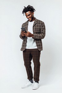 Young adult man tap on mobile phone clothing white happy.