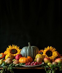 Thanksgiving background pumpkin fruits sunflowers.