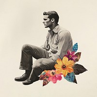 Paper collage of man sitting flowers colorful vintage.