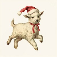 Lamb wearing christmas hat illustration vintage animal.