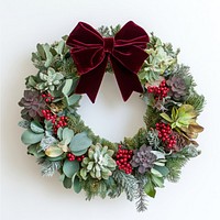 Christmas round wreath decorated with red berry green pine wreath and tied with red velvet big bow ribbon at the top berries red berries arrangement.