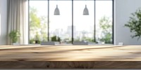 Kitchen interior with a wooden countertop windows modern design.