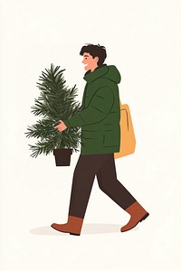 Man joyfuly walking and holding christmas tree illustration clothing jacket.