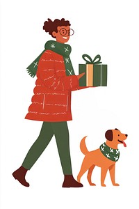 Man joyfully and holding with christmas gift and walking a dog illustration clothing scarf.