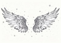 Celestial illustration of wings with stars black white art.