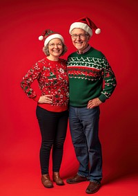 An american couple wearing christmas sweater and christmas hat seems very happy sweaters hats photography.