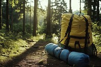 Backpack and sleeping bag backpack forest hiking.