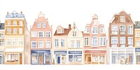 Pastel European city rowhouses architecture illustration watercolor.