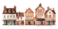 Earth tone European rowhouses architecture illustration watercolor.