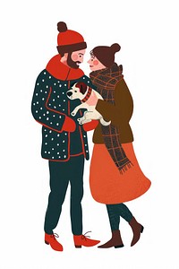 Couple holding a puppy illustration clothing winter.