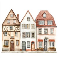 Vintage German townhouses architecture illustration watercolor.