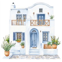 Greek Santorini townhouse architecture illustration watercolor.