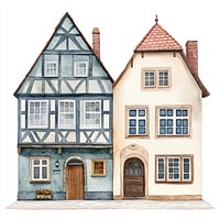 Vintage German townhouses architecture illustration watercolor.