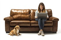 Women sit on sofa laptop sitting leather.