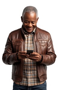 An African senior man jacket phone leather.