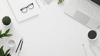 Basic white minimal illustration business background with text space computer glasses laptop.