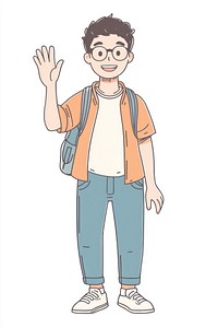 Nerdy boy waving illustration cartoon smiling.