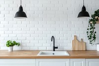 Minimalist kitchen with wooden countertop.