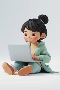 A asian girl using laptop character cartoon illustration.