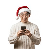 Asian man use smartphone sweater smiling happy.