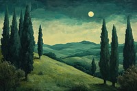 Night green hills trees landscape painting.