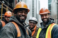 Smiling construction workers on site.